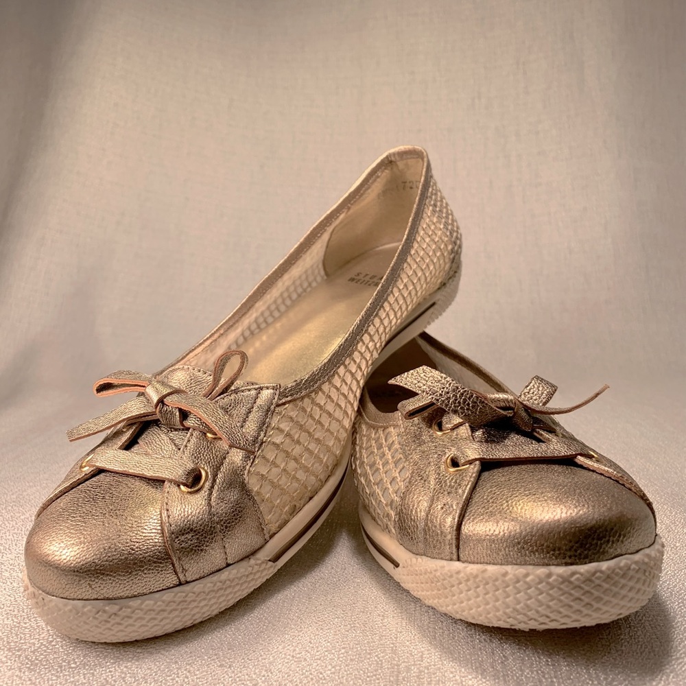 Stuart Weitzman gold & cream leather sneakers Mojave loafers obsessorize sole